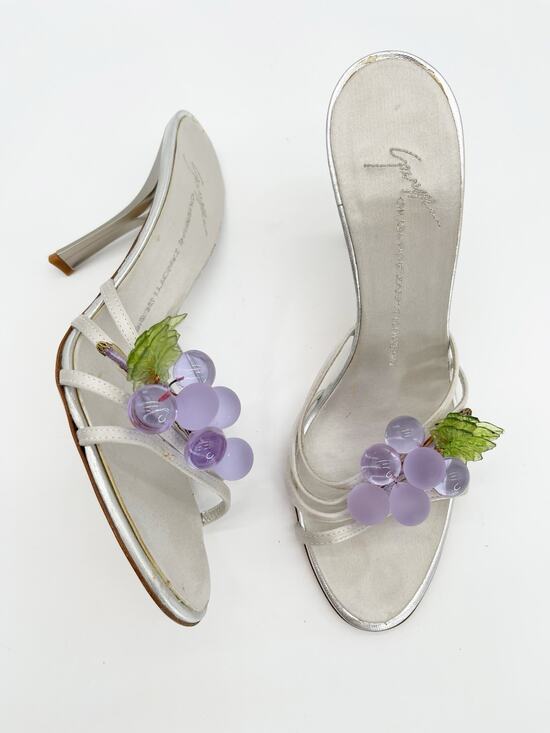 Giuseppe Zanotti Shoes - Giuseppe Zanotti Vintage Silver Satin Grape Embellished Mule Sandal Heels IT 38
